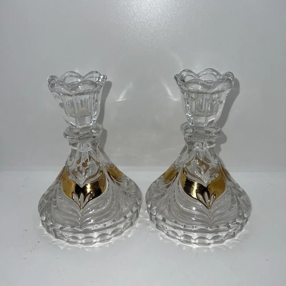 GERMAN HANDARBEIT 24% LEAD CRYSTAL CLEAR GOLD ACCENT CANDLESTICKS 5